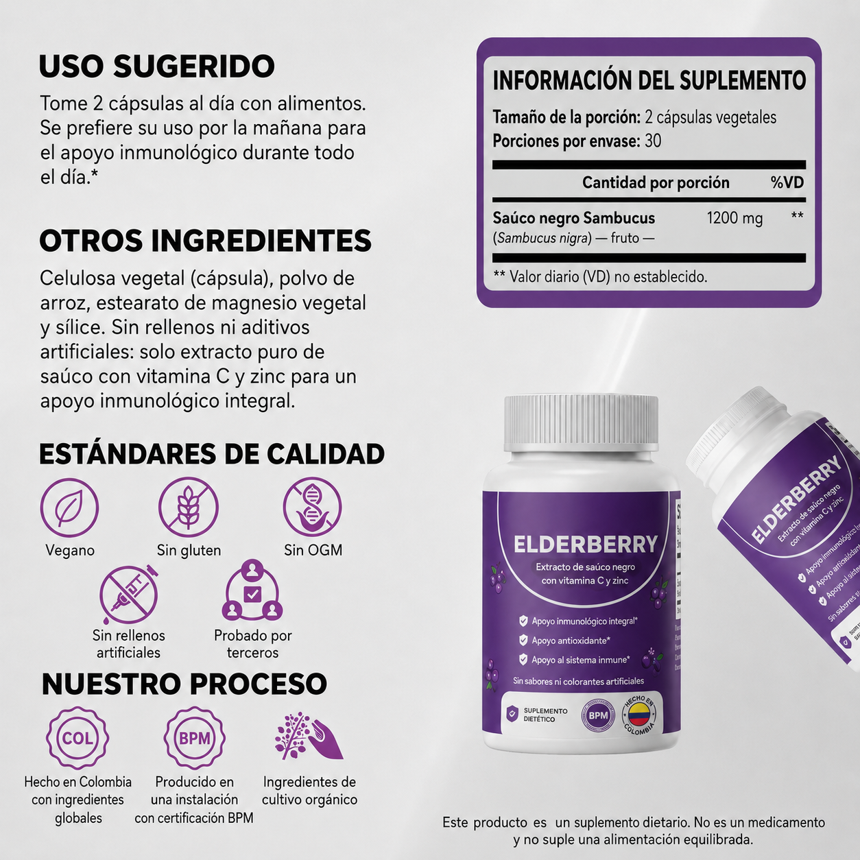 Complejo de apoyo digestivo e intestinal con saúco, zinc y vitamina C