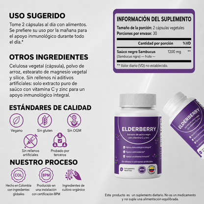 Complejo de apoyo digestivo e intestinal con saúco, zinc y vitamina C