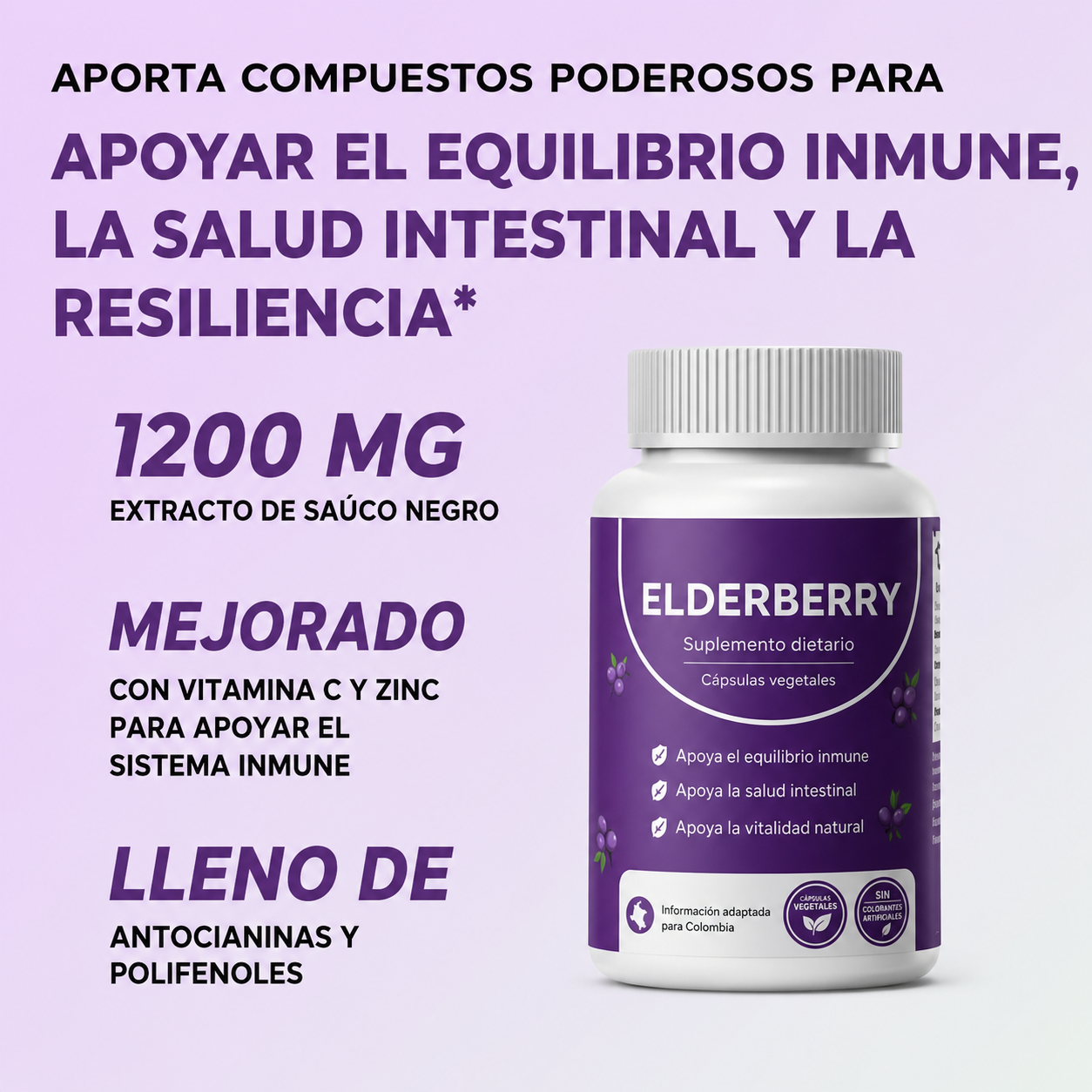 Complejo de apoyo digestivo e intestinal con saúco, zinc y vitamina C