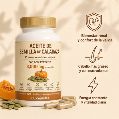 Aceite de Semilla de Calabaza en Cápsulas – Apoya Naturalmente la Salud Renal y el Bienestar Urinario desde el Interior
