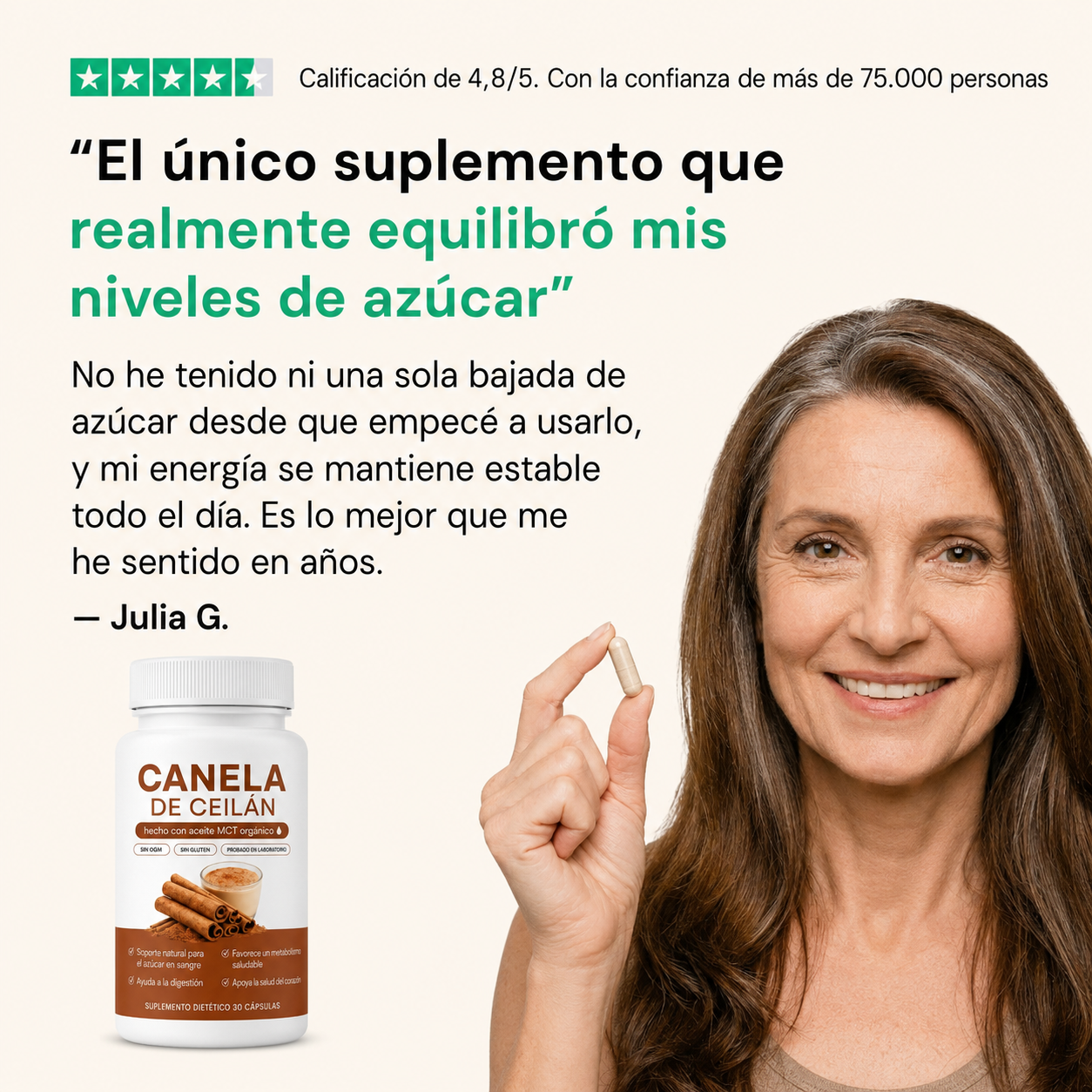 Canela de Ceilán 7200 mg equivalente con aceite MCT