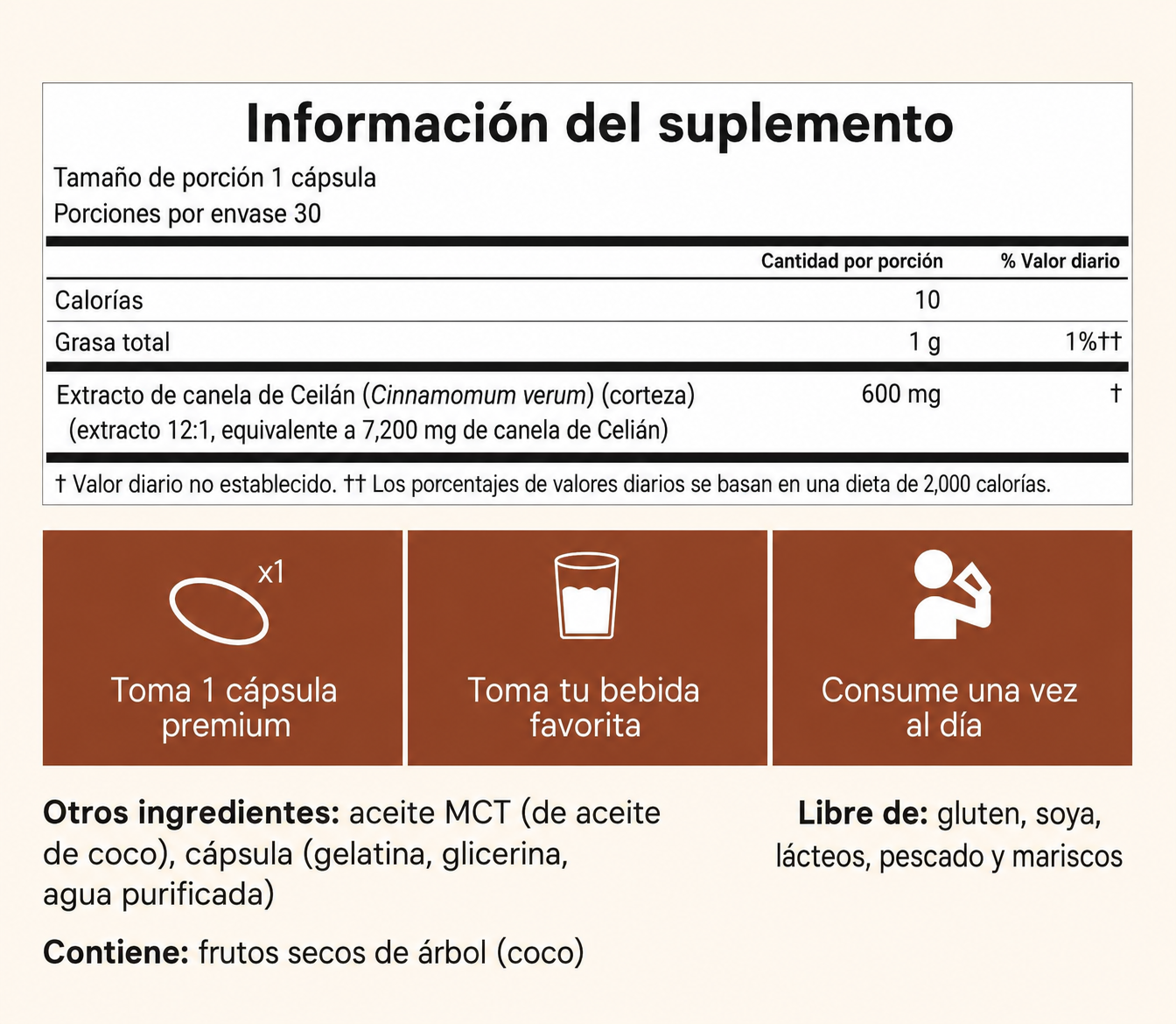 Canela de Ceilán 7200 mg equivalente con aceite MCT