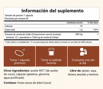 Canela de Ceilán 7200 mg equivalente con aceite MCT